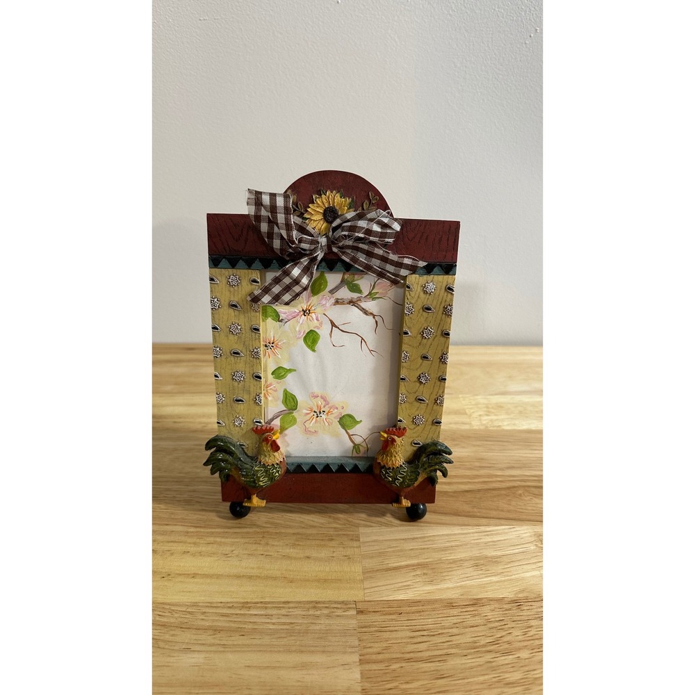 Rustic Farmhouse Rooster Wooden Picture Frame Sunflower Gingham Bow Decor